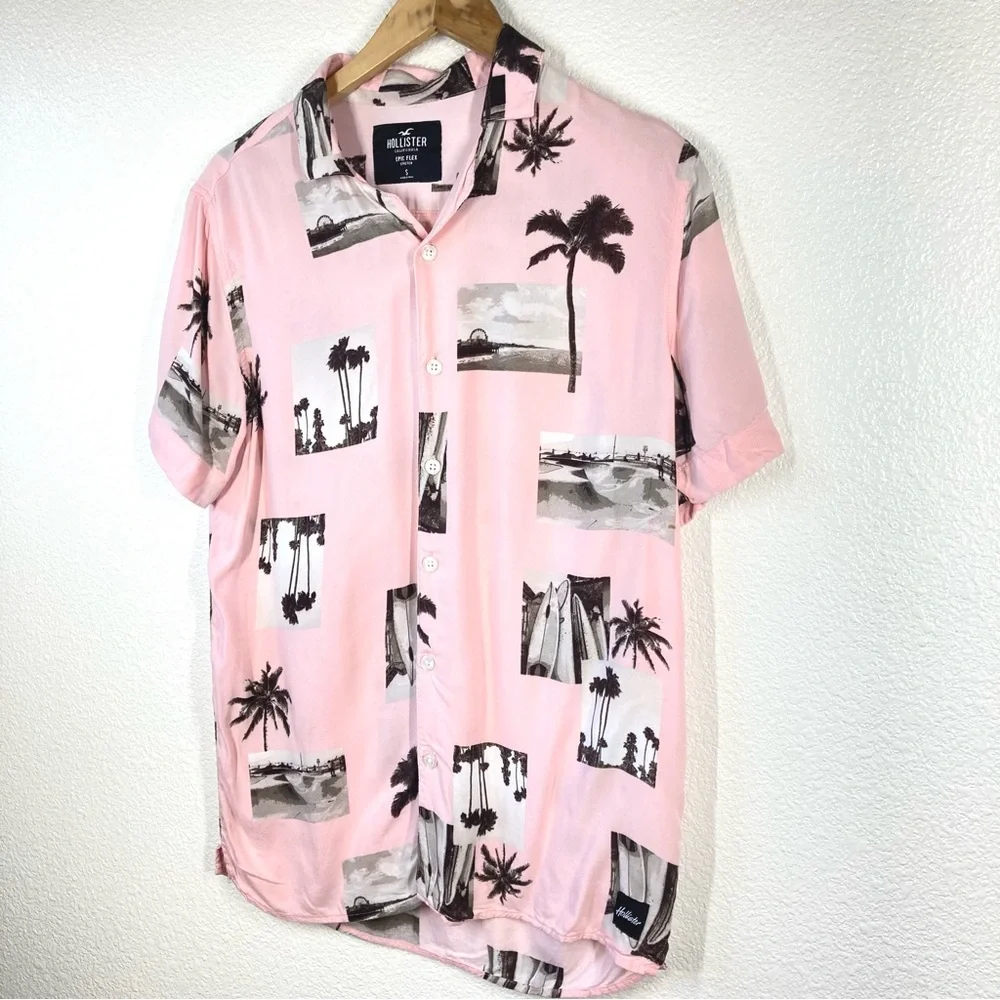 SOLD!! Hollister Mens Beach Shirt Small Pink Button Down - Picture 2 of 14